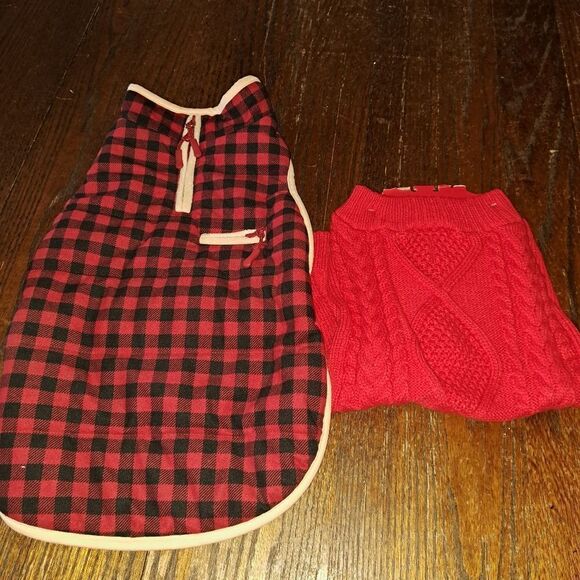 New Medium Red Knit Sweater Red Black Tan Buffalo Plaid Fleece Dog Jacket - Picture 1 of 6